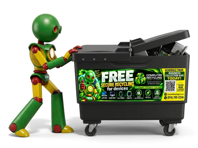 Henry, the Computer Recycling LLC robot, rolling a full collection bin out for pickup