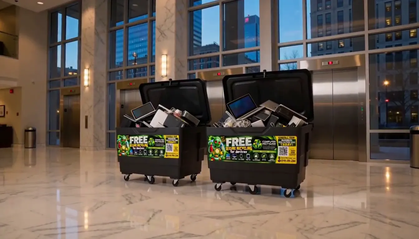 Two collection bins full of old laptops and tablets in an office lobby at the end of a recycling drive