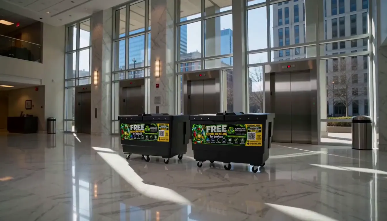 Two Computer Recycling LLC collection bins in an office lobby