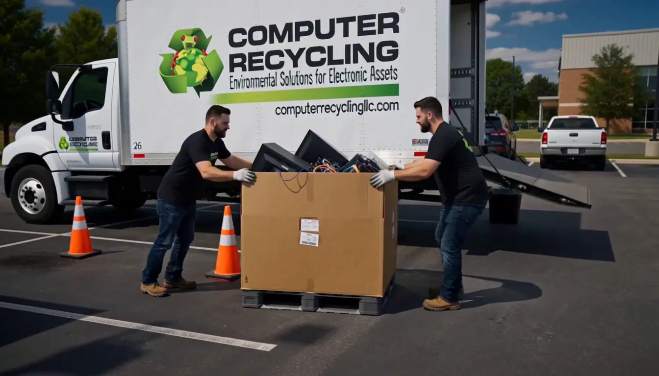 Computer Recycling LLC crew loading a gaylord of old electronics onto the company box truck at a Saturday recycling event in a parking lot
