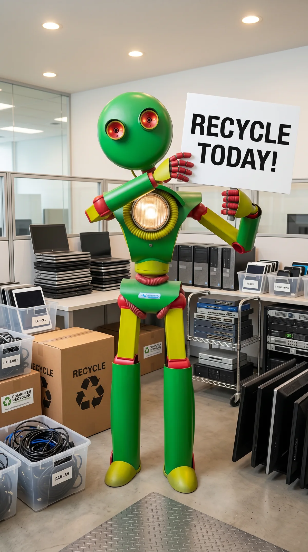 Henry the mascot in a corporate office holding a Recycle Today sign next to retired desktops, monitors, cables, and recycle boxes
