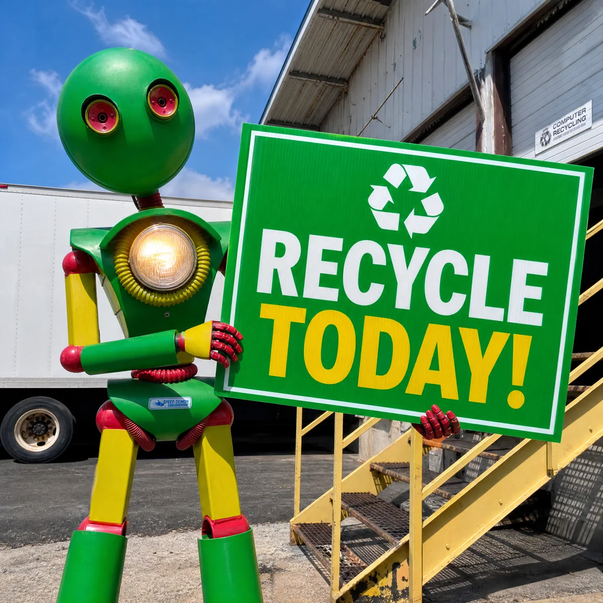 Henry the Computer Recycling LLC mascot holding a Recycle Today sign at the North Kansas City drop-off facility